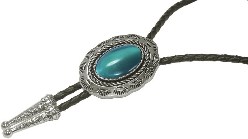 Moranse Bolo Tie With Emerald Blue and Black or More Colors Stone Celtic Style Genuine and Cowhide Rope - Image 3