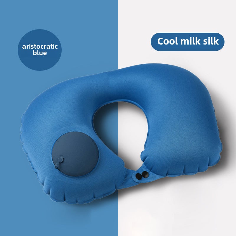Inflatable Travel Neck Pillow U-Shaped Press Air Cushion Noble Blue (milk silk)
