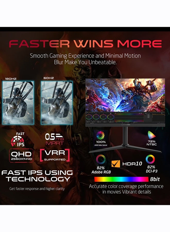 GAMEON 27-Inch QHD Gaming Monitor, Midnight Pro Series 180Hz, 0.3ms MPRT, Fast IPS Panel, FreeSync & G-Sync Compatible, HDMI 2.1, PS5 Ready | GOM27QHD180IPS Black - Image 4