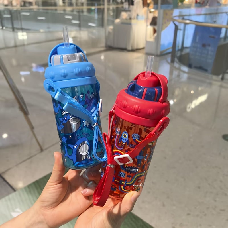 1pc 430Ml 15Oz Purple Laser Printed Cartoon Patterned Plastic Water Bottle Durable Leak Proof With Straw Suitable For Travel Home Beach Sports Festival Parties Birthday Gifts - Image 2