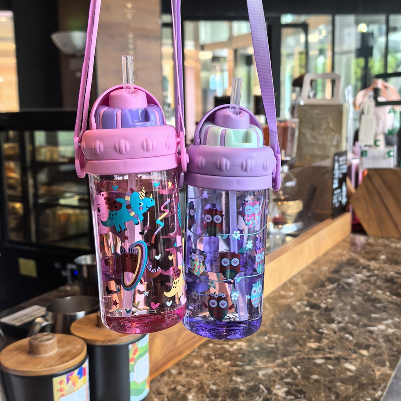 1pc 430Ml 15Oz Purple Laser Printed Cartoon Patterned Plastic Water Bottle Durable Leak Proof With Straw Suitable For Travel Home Beach Sports Festival Parties Birthday Gifts - Image 1