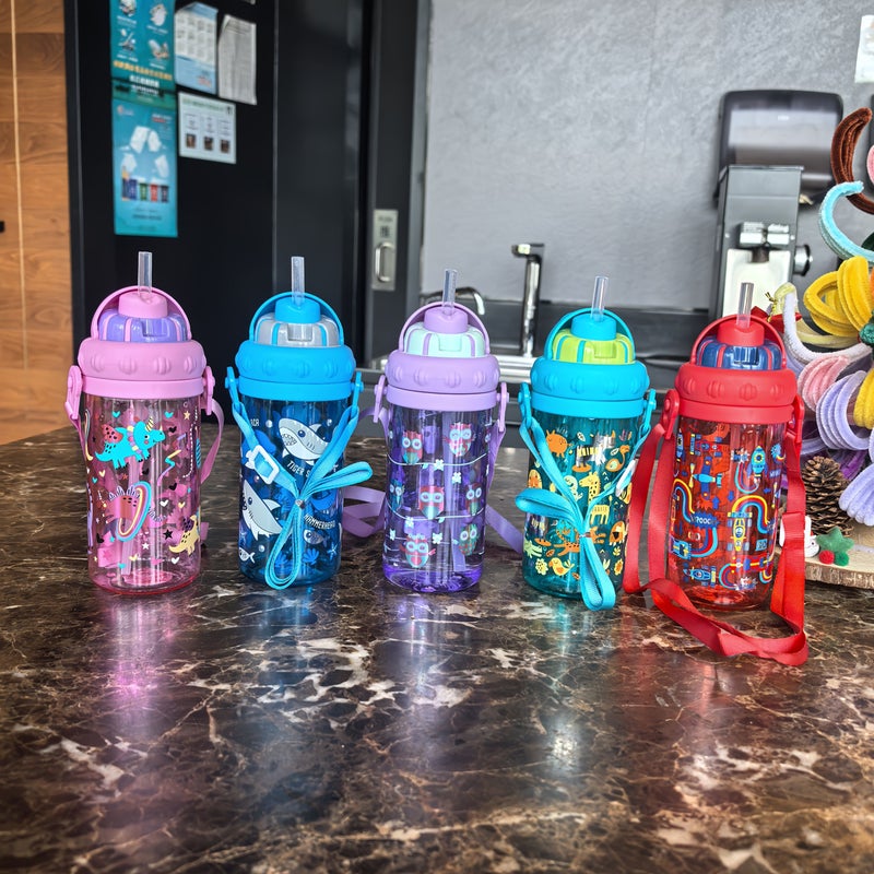 1pc 430Ml 15Oz Purple Laser Printed Cartoon Patterned Plastic Water Bottle Durable Leak Proof With Straw Suitable For Travel Home Beach Sports Festival Parties Birthday Gifts - Image 3