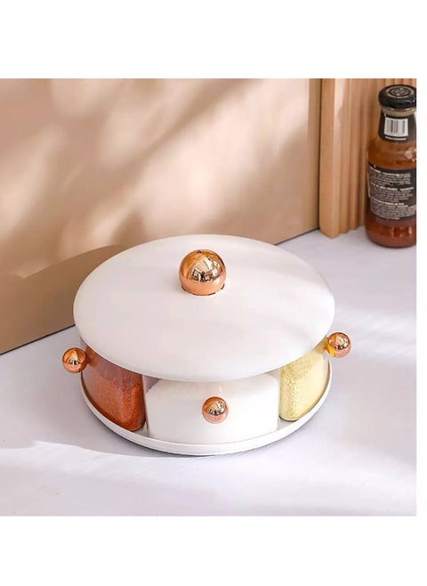 Gold 4-compartment rotating spice set, elegant shape with golden handle, available in white IR