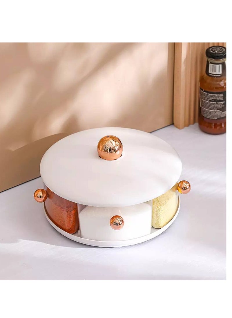 Gold 4-compartment rotating spice set, elegant shape with golden handle, available in white IR
