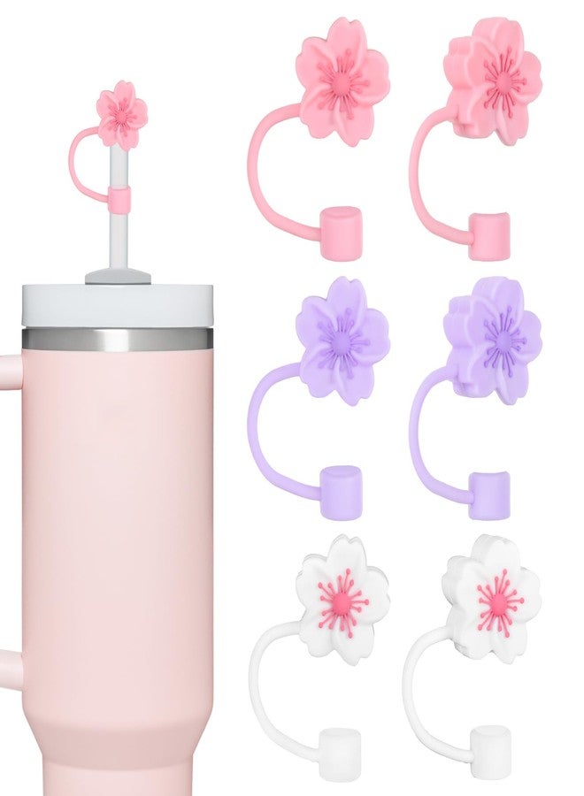 Whaline 6Pcs Sakura Straw Covers Pink White Purple Reusable Silicone Straws Topper Caps Double Sided Pattern Straw Tip Covers 10mm 0.4 Inch for 30 & 40 OZ Tumbler with Handle - Image 1