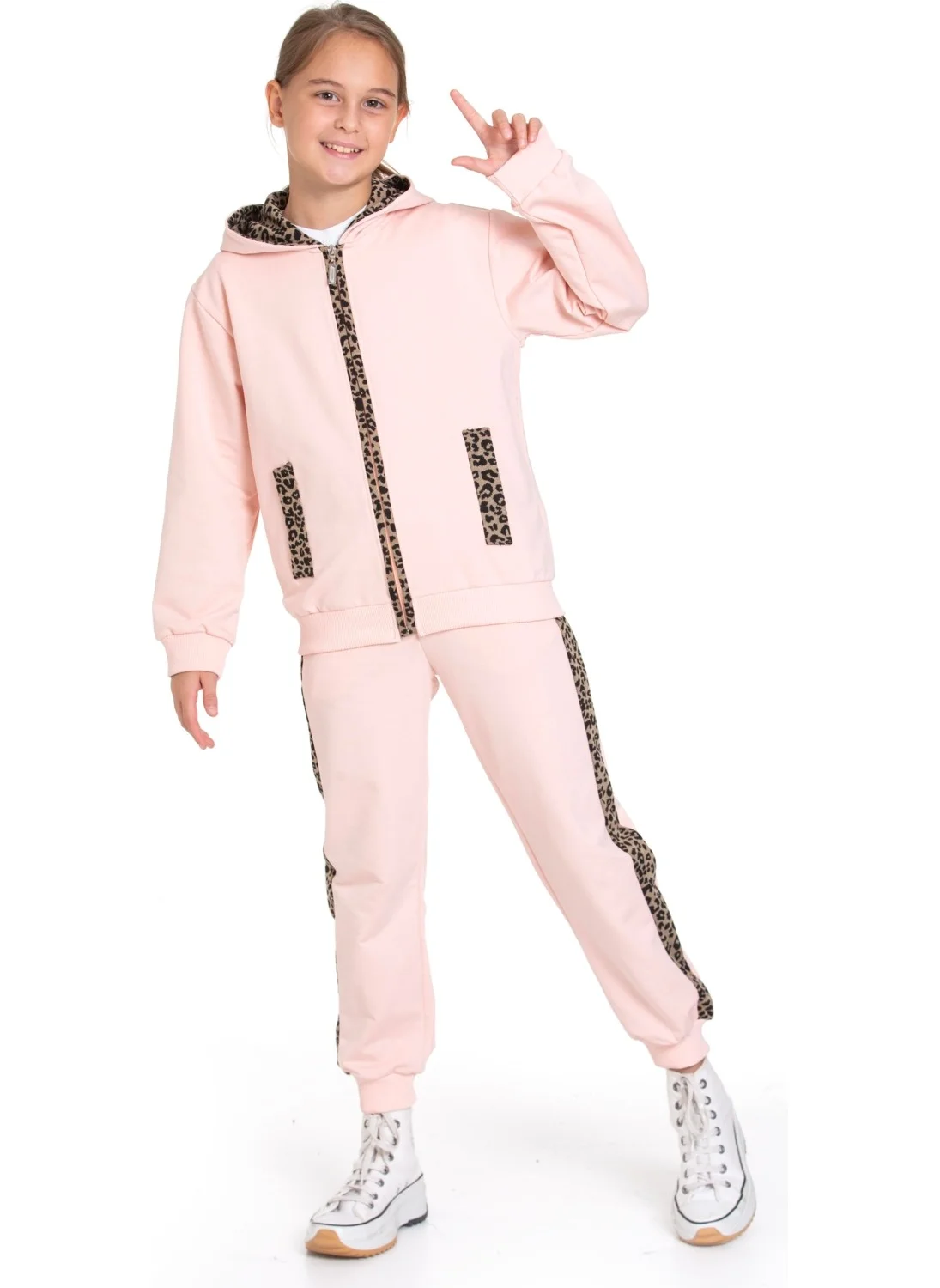 Zepkids Hooded Leopard Stripe Detailed Powder Color Girls Tracksuit