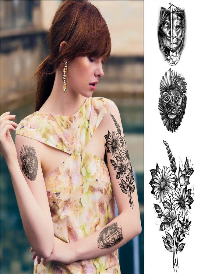 SOOVSY Full Arm Sleeve Temporary Tattoos for Men Women, 46 Sheets Fake Tattoos, Realistic Lion, Wolf, Eagle, Deer, Flower, Clock, Skeleton Design for Party Concert Daily Accessories - Image 4