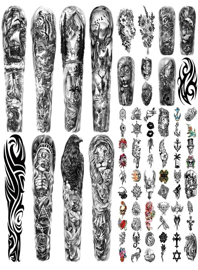 SOOVSY Full Arm Sleeve Temporary Tattoos for Men Women, 46 Sheets Fake Tattoos, Realistic Lion, Wolf, Eagle, Deer, Flower, Clock, Skeleton Design for Party Concert Daily Accessories - Image 1