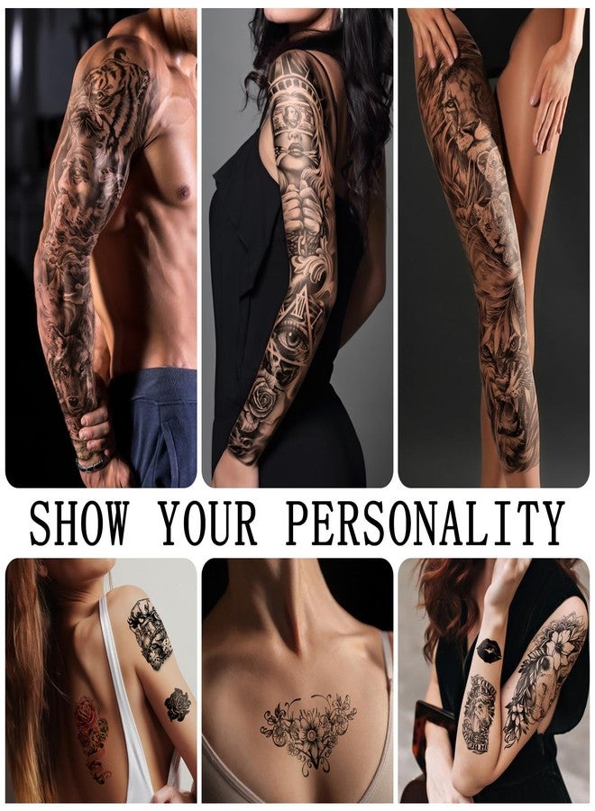 SOOVSY Full Arm Sleeve Temporary Tattoos for Men Women, 46 Sheets Fake Tattoos, Realistic Lion, Wolf, Eagle, Deer, Flower, Clock, Skeleton Design for Party Concert Daily Accessories - Image 3