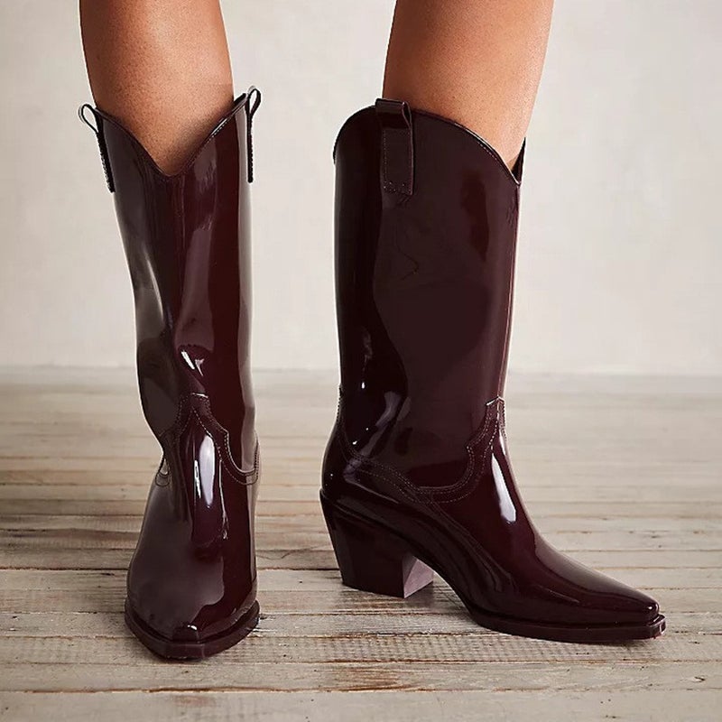 Independent Site New Patent Leather Chunky Heel Pointed Toe Women'S Boots Large Size Women'S Shoes - Image 1