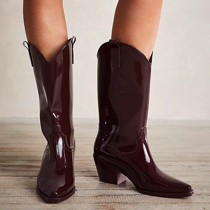 Independent Site New Patent Leather Chunky Heel Pointed Toe Women'S Boots Large Size Women'S Shoes - Image 5