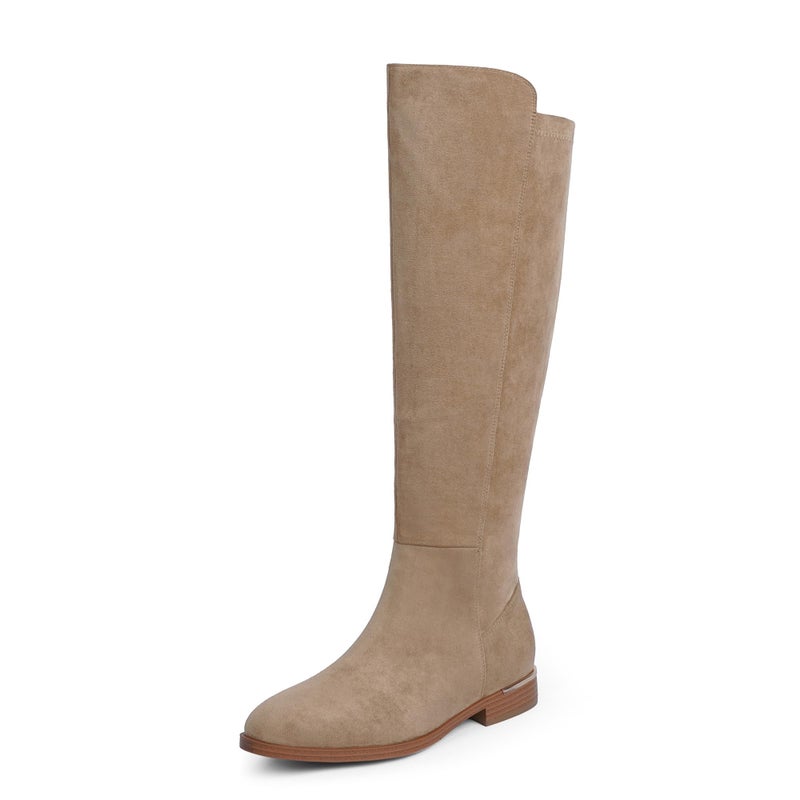 Modatope Knee High Boots Tan Suede Flat Rounded Womens Boots Low Chunky Block Heel Stretchy Riding Boot Fall Winter Dress Boot 2025 with Side Zipper Size 8.5 - Image 1