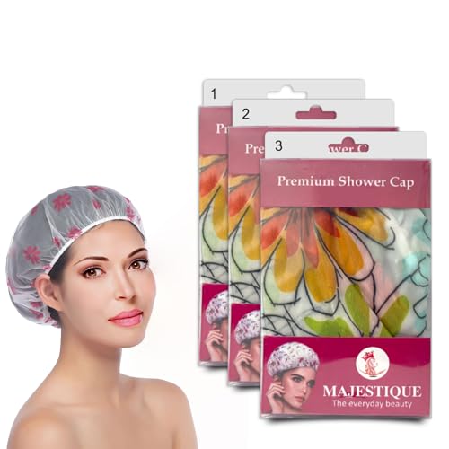 Majestique Shower Cap for Women – 3Pcs Reusable, Waterproof & Washable Hair Cap for Bath | Stylish & Durable for All Hair Lengths & Types - Image 1