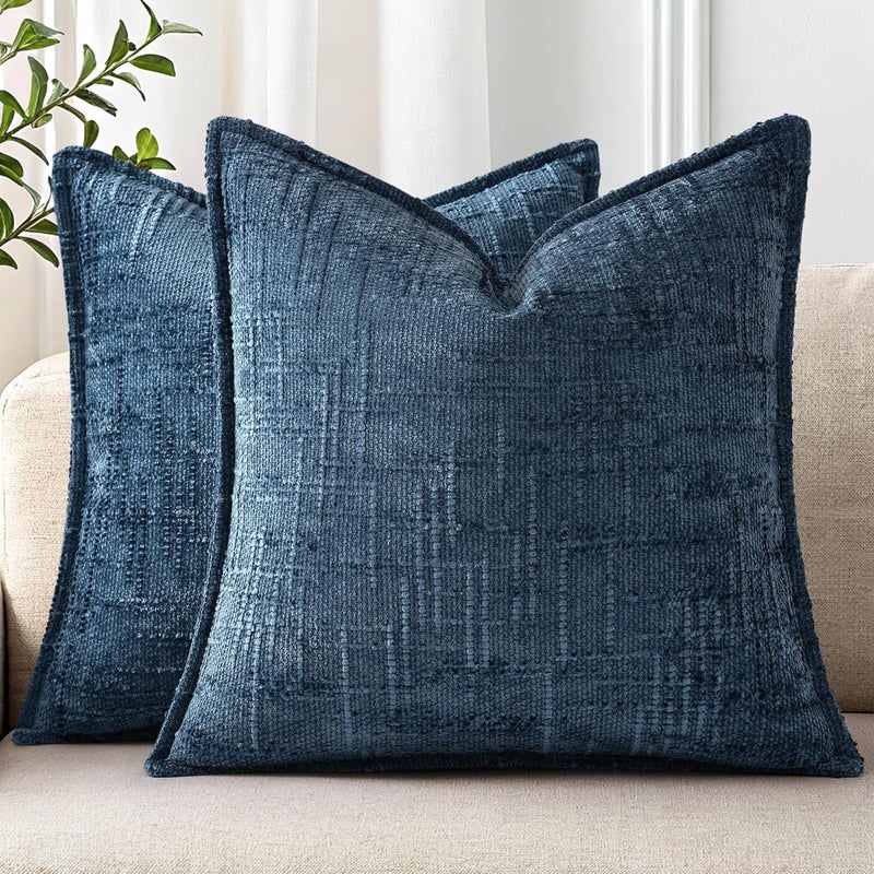 ديكور يو هوم أغطية وسائد زينة من الشنيل decorUhome 18x18 مجموعة من 2، أغطية وسائد زينة محايدة سميكة ذات ملمس خشن بتصميم أنيق للأريكة والأريكة وغرفة المعيشة، بلون أزرق داكن - Image 1