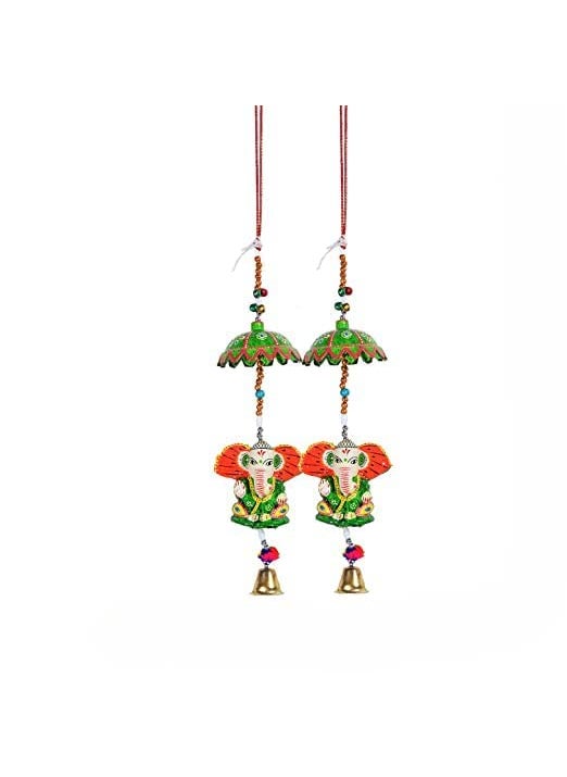 ADITYA IMPEX ADITYA IMPEX Handicraft rajasthane Colored Desing Decorative showpice Wind Chimes for Home Balcony Garden Positive Energy Home Decor Hanging Long Bells with Elephant Set of 2 Piece Green  - Image 1