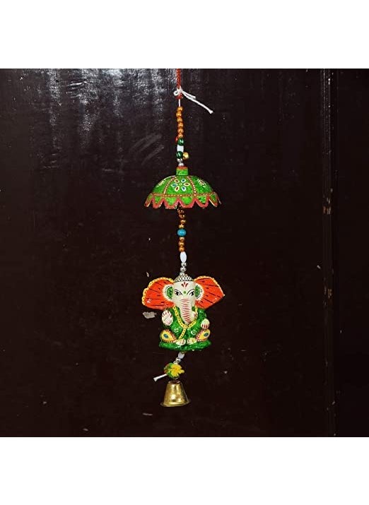 ADITYA IMPEX ADITYA IMPEX Handicraft rajasthane Colored Desing Decorative showpice Wind Chimes for Home Balcony Garden Positive Energy Home Decor Hanging Long Bells with Elephant Set of 2 Piece Green  - Image 3