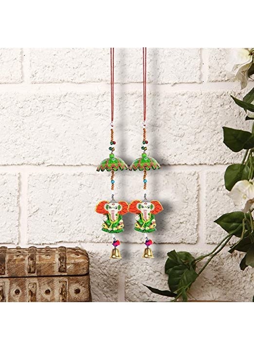 ADITYA IMPEX ADITYA IMPEX Handicraft rajasthane Colored Desing Decorative showpice Wind Chimes for Home Balcony Garden Positive Energy Home Decor Hanging Long Bells with Elephant Set of 2 Piece Green  - Image 2