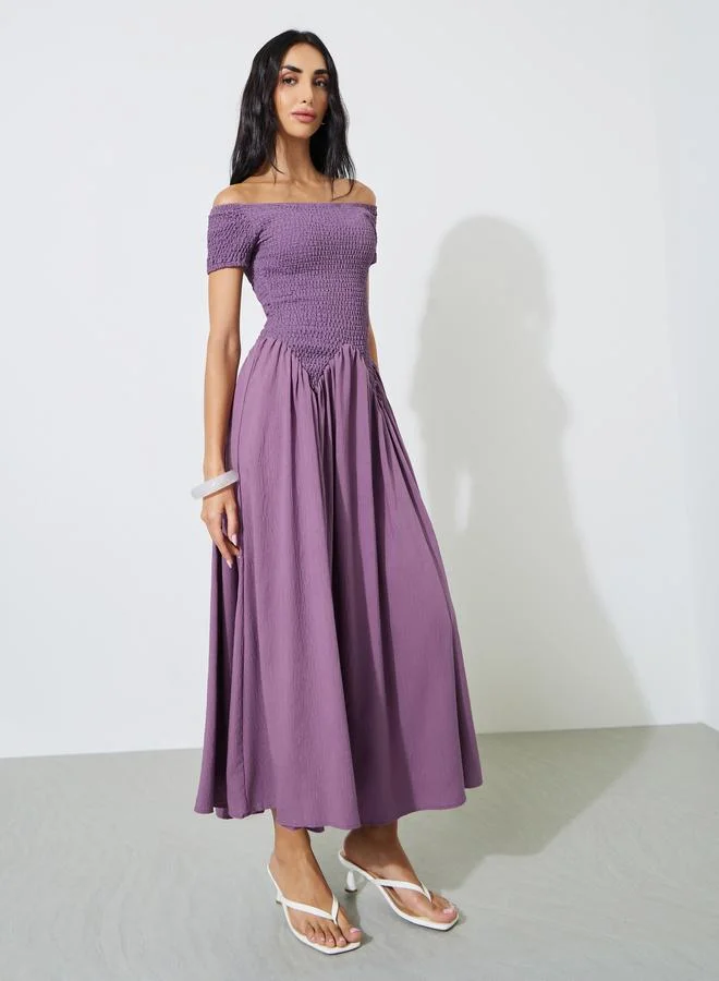 ستايلي Purple Solid Off-Shoulder Ruched A-Line Maxi Dress
