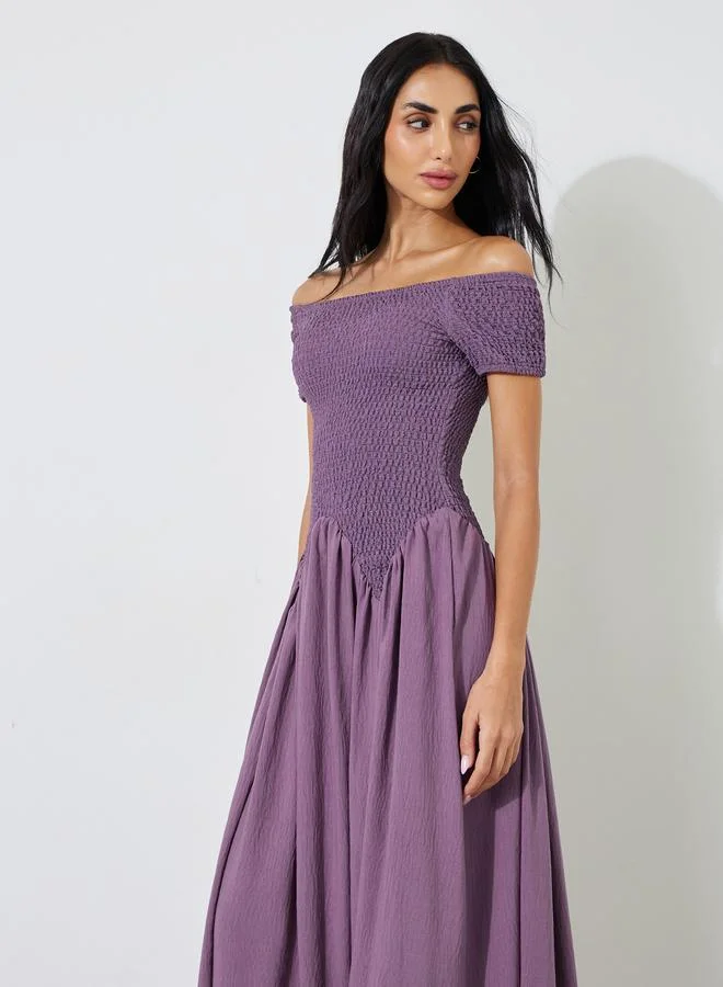 ستايلي Purple Solid Off-Shoulder Ruched A-Line Maxi Dress