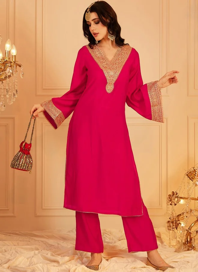 Indo Street  Ethnic Motifs Yoke Design Kurta with Trouser for Women for Women | Best Price UAE