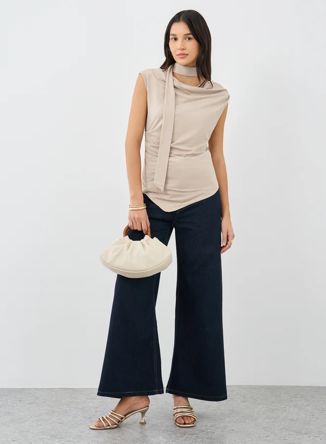 ستايلي Styli Beige Front Draped Sleeveless Top