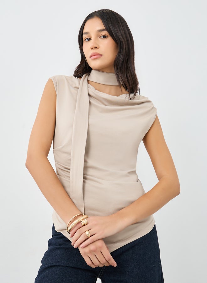 Styli Beige Front Draped Sleeveless Top - Image 1