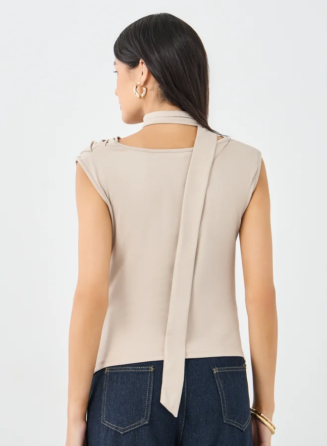 Styli Styli Beige Front Draped Sleeveless Top