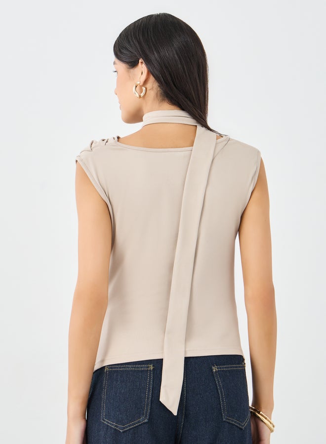 Styli Beige Front Draped Sleeveless Top - Image 4