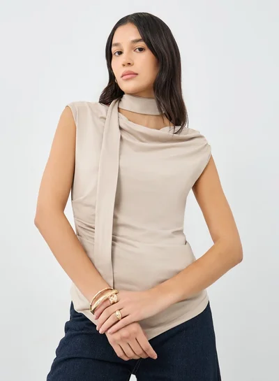 Styli Beige Front Draped Sleeveless Top