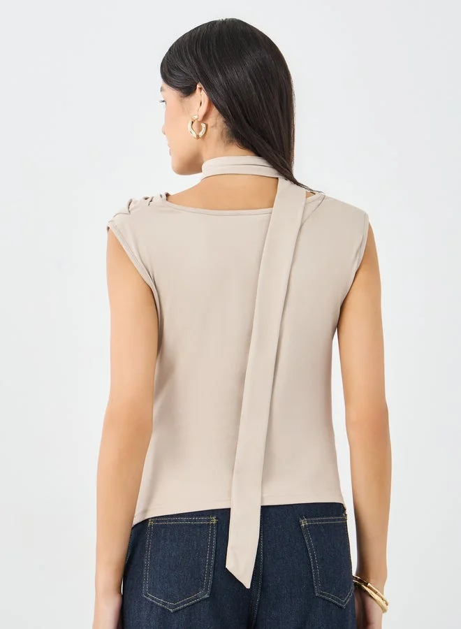 Styli Beige Front Draped Sleeveless Top