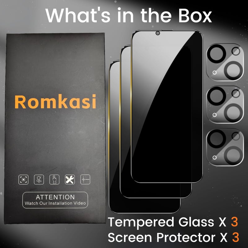 Romkasi 3 Pack Privacy Screen Protector for iPhone 13 Pro Max 6.7 Inch with 3 Pack Camera Lens Protector, Anti Spy Tempered Glass Film, Anti-Scratch, Touch Sensitive, Case Friendly - Image 2