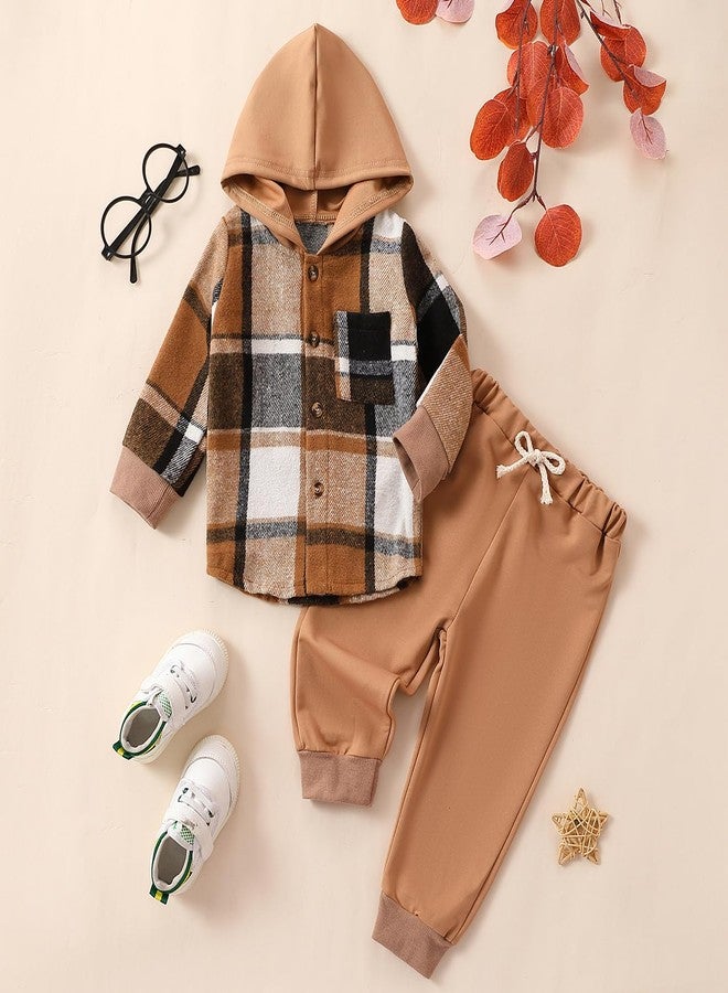 Douhoow Toddler Unisex Baby Clothes Boys Girls Flannel Shirt Tops Plaid Hoodie Sweatshirt + Sweatpants Fall Winter Outfits (Brown-a, 3-6 Months) - Image 2
