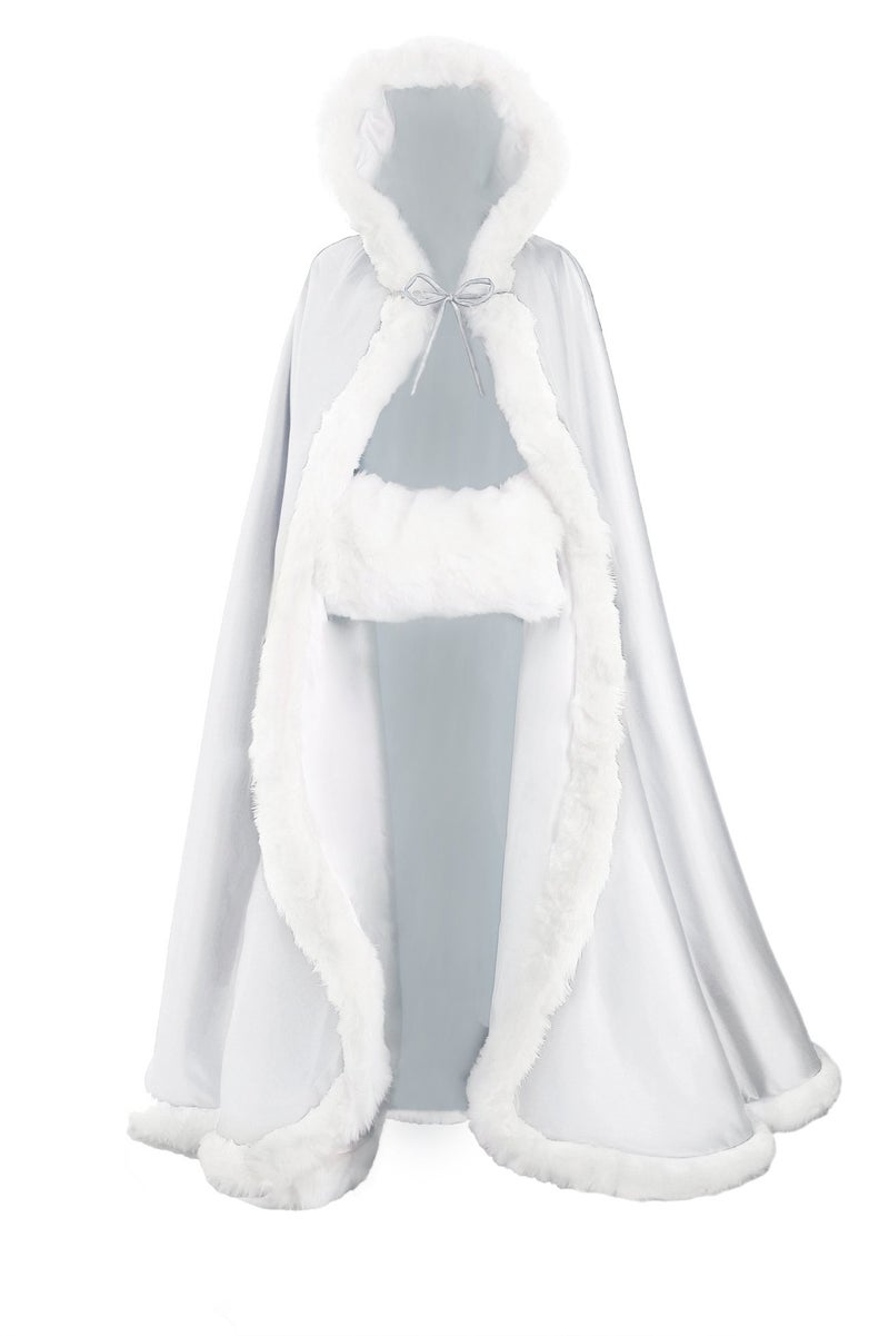 BEAUTELICATE Wedding Cape Hooded Cloak for Bride Winter Reversible with Fur Trim Free Hand Muff Length 55" White - Image 1