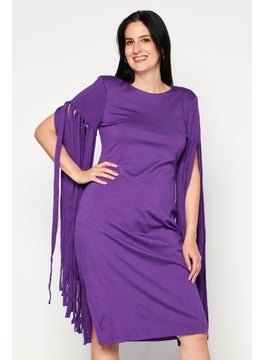 INC Women Petite Fringe Long Sleeve Midi Dress, Purple  - Image 1