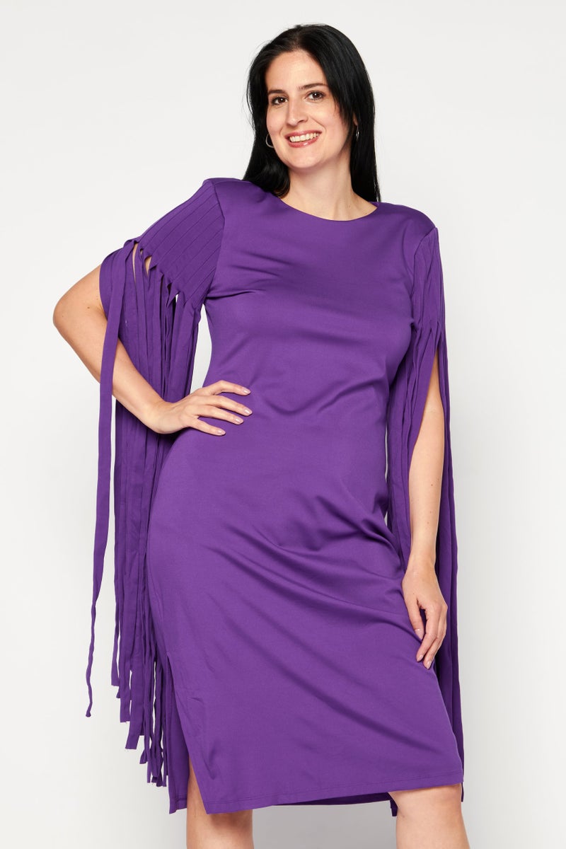 INC Women Petite Fringe Long Sleeve Midi Dress, Purple - Image 1