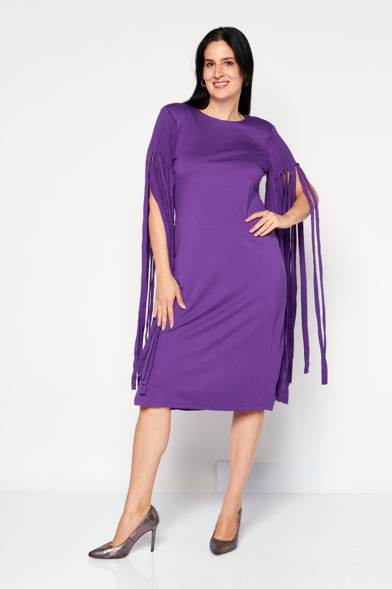 INC Women Petite Fringe Long Sleeve Midi Dress, Purple - Image 2