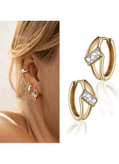 Mevecco MEVECCO
 Women Diamond Earrings Gold Huggie Cage Hoop Baguette Cubic Zirconia 14K Gold Filled Small Simple Handmade Hypoallergenic Everyday Jewelry  - Image 3