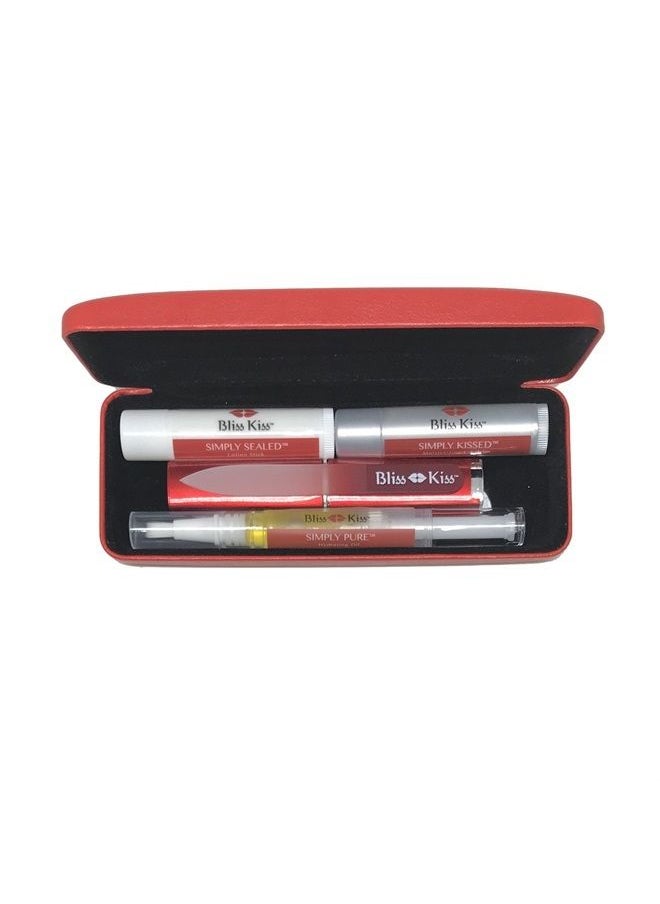 Bliss Kiss Nail Travel Manicure Kit - Great Gift Idea - Easy carry, to-go case to care for your nails, skin, and lips - Hydrating Nail and Cuticle Oil, Lotion Stick, Crystal Nail File, Lip Balm  - Image 1