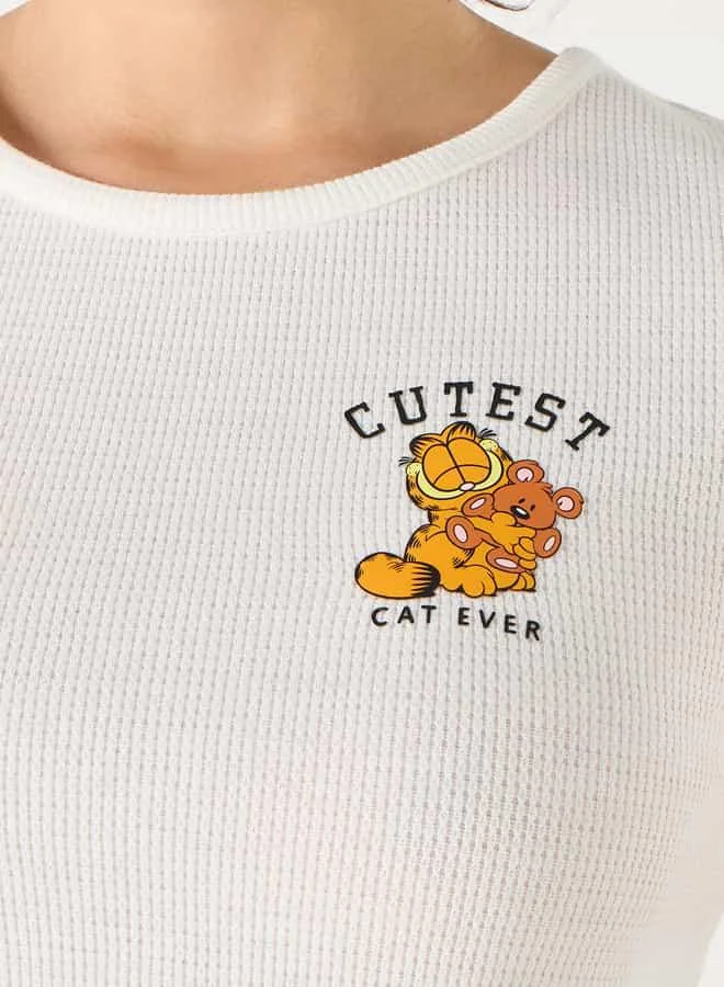 SP Characters Garfield Print Round Neck T-shirt with Short Sleeves