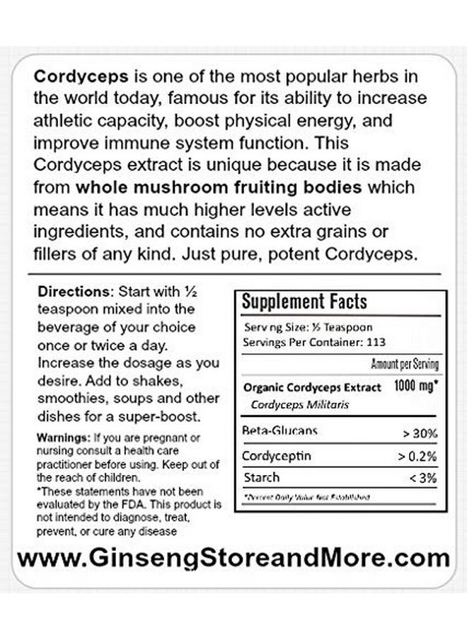 4Oz Organic Cordyceps Mushroom Extracted From Real Mushroom Fruiting Bodies From Nammex ; >30% Betaglucans ; Cordyceps Militaris ; Βglucan For Energy Immune System Athletic Performance