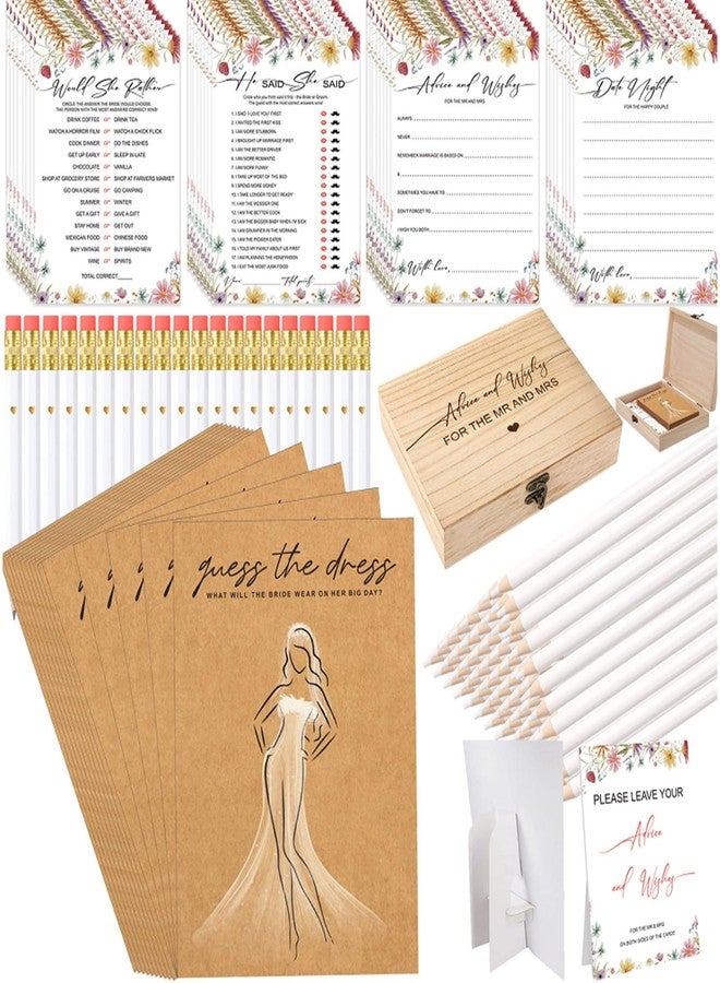 Geyoga Wildflower Bridal Shower Game Set for 30 Guest Include Guess the Dress, He Said She Said, Would She Rather, Advice and Wishes, Wood Box 45 Pencil Bachelorette Wedding Party Game Double Sided - Image 1