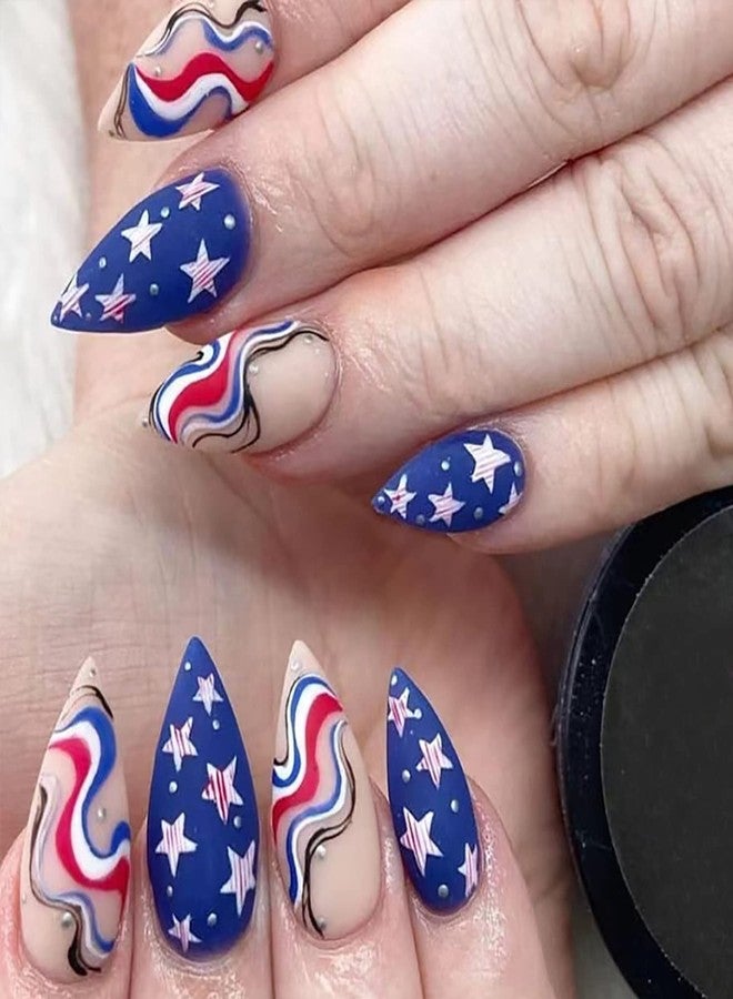 Vezocim Independence Day Press on Nails Pointed Medium, 24Pcs Full Cover Almond False Nails, Glue On Nails with Patriotic Designs, Women Acrylic Fake Nails for July 4th, Artificial Reusable Stick On Nails - Image 1