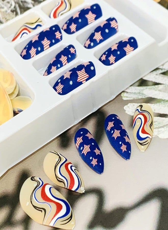 Vezocim Independence Day Press on Nails Pointed Medium, 24Pcs Full Cover Almond False Nails, Glue On Nails with Patriotic Designs, Women Acrylic Fake Nails for July 4th, Artificial Reusable Stick On Nails - Image 5
