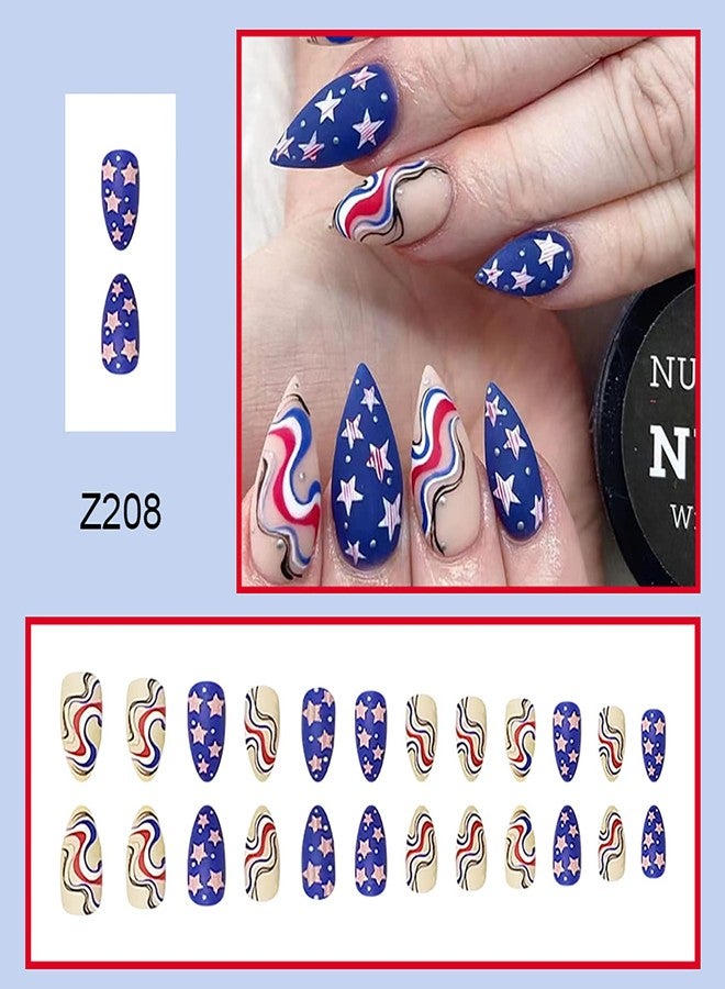 Vezocim Independence Day Press on Nails Pointed Medium, 24Pcs Full Cover Almond False Nails, Glue On Nails with Patriotic Designs, Women Acrylic Fake Nails for July 4th, Artificial Reusable Stick On Nails - Image 3