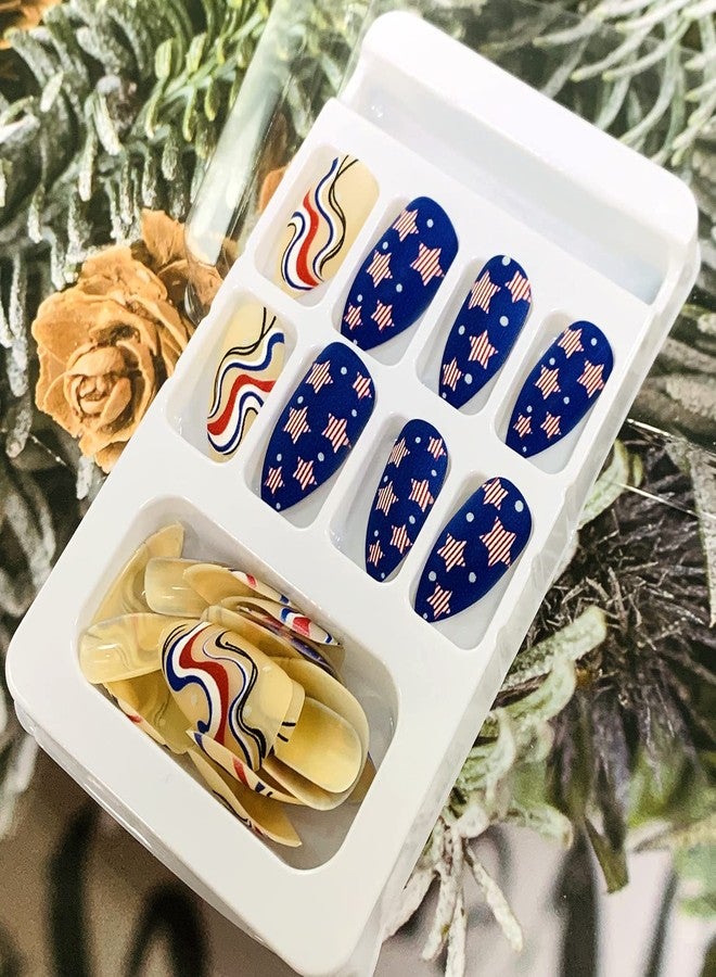 Vezocim Independence Day Press on Nails Pointed Medium, 24Pcs Full Cover Almond False Nails, Glue On Nails with Patriotic Designs, Women Acrylic Fake Nails for July 4th, Artificial Reusable Stick On Nails - Image 4