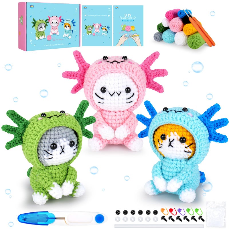 Fortunings JDS Crochet Kit for Beginners 3 PCS Axolotl Cat Crochet Kits with StepbyStep Video Tutorials Beginner Crochet Kit for Adults Crochet Cat Dressed as Axolotl Set