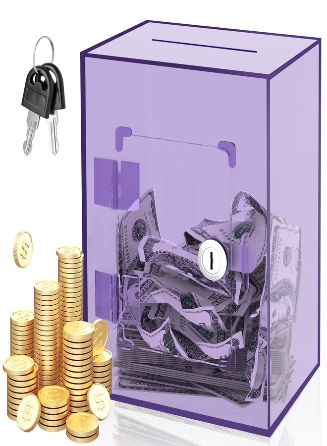 PACOLO Large Acrylic Clear Piggy Bank, Money Saving Box for Cash Saving with Key, Openable Clear Acrylic Savings Jar for Adults Kid (Purple) - Image 1