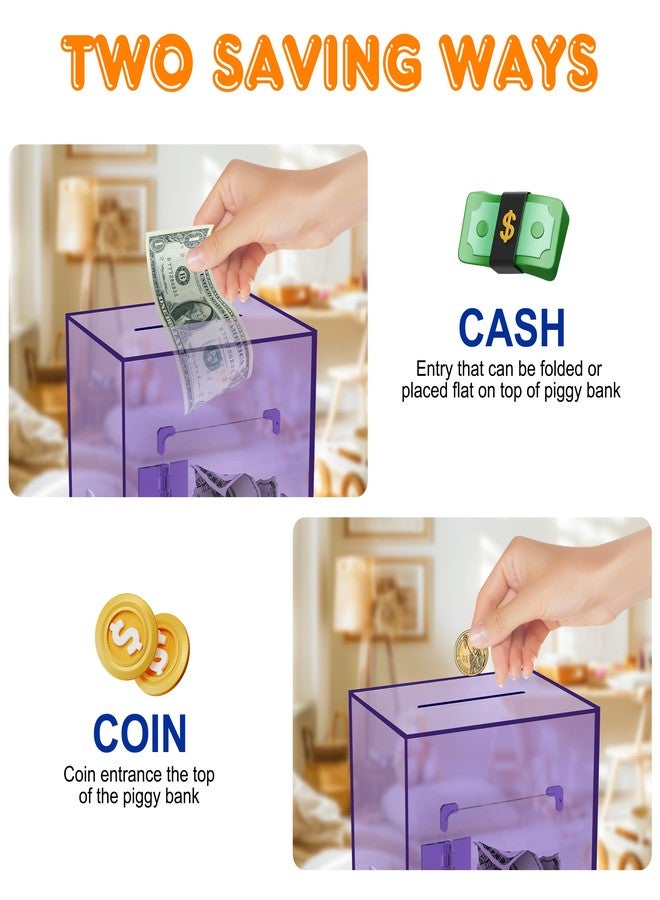 PACOLO Large Acrylic Clear Piggy Bank, Money Saving Box for Cash Saving with Key, Openable Clear Acrylic Savings Jar for Adults Kid (Purple) - Image 4