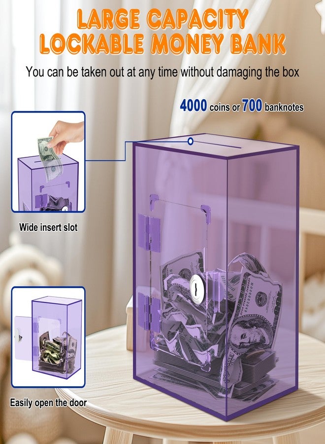 PACOLO Large Acrylic Clear Piggy Bank, Money Saving Box for Cash Saving with Key, Openable Clear Acrylic Savings Jar for Adults Kid (Purple) - Image 3