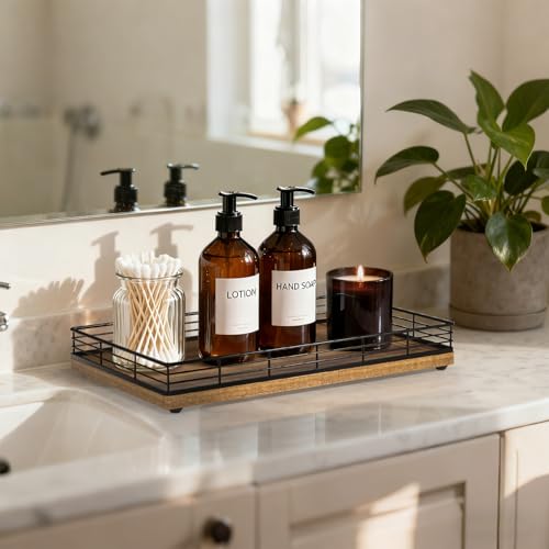 Focusonit Large Bathroom Vanity Tray – 13" x 8" Oak Decorative Wooden Tray for Bathroom Countertop & Vanity Organizer, Rectangular Wood Tray for Perfume, Skincare, Storage, Vanity Dresser Counter Decor, Gold - Image 3